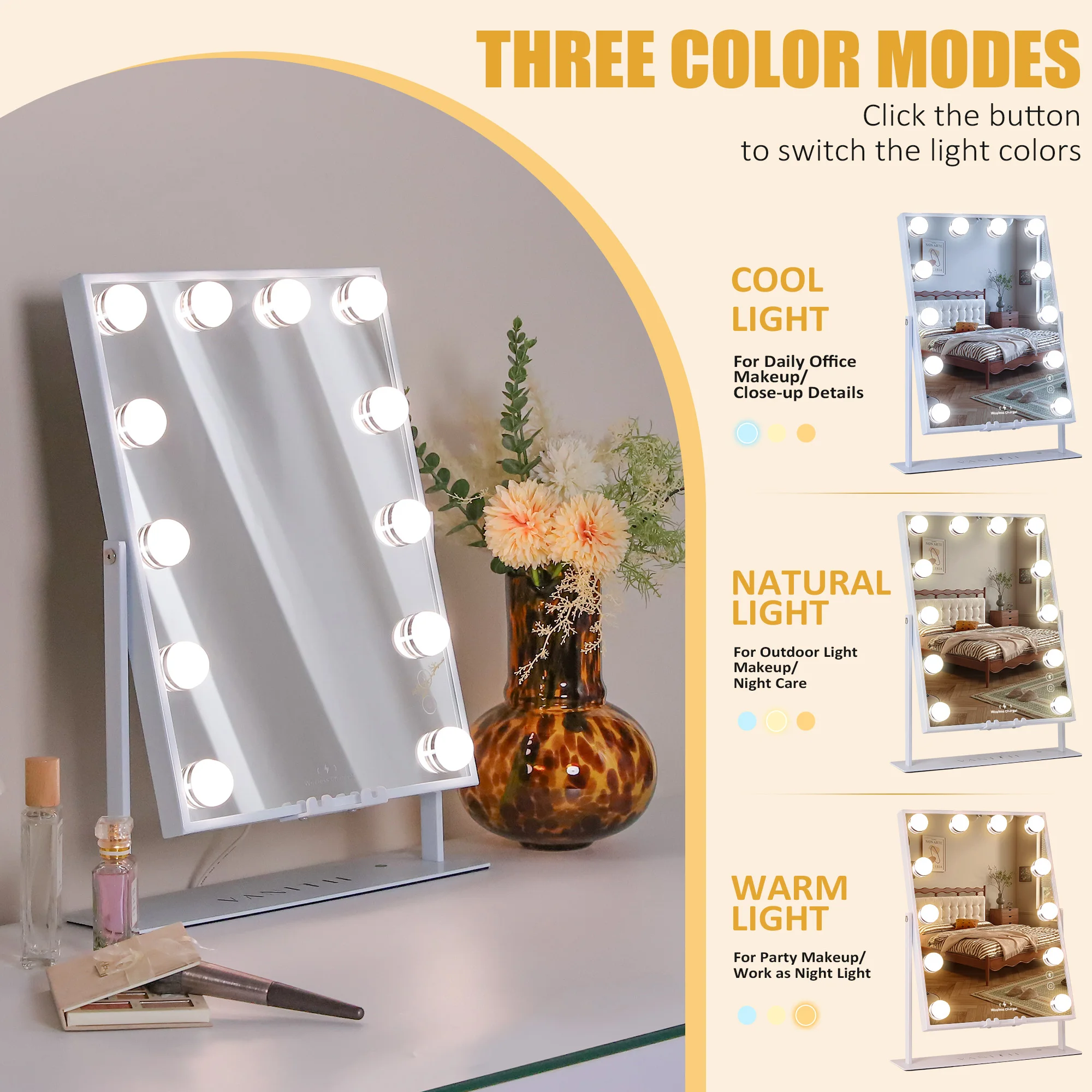 FENCHILIN White Vanity Mirror with Lights Wireless Charger Bluetooth  Speaker Hollywood Makeup Mirror with 12 Dimmable Bulbs - AliExpress, image size:2000x2000