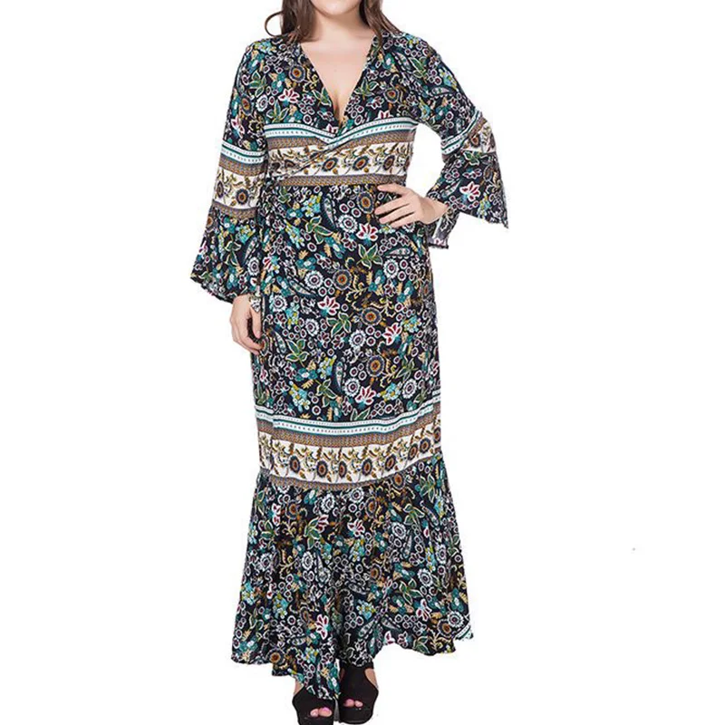Artificial Cotton Vintage Print Plus Size Womens Bohemian V-Neck Splicing Ruffles Flare Three Quarter Sleeve Lace-up Long Dress