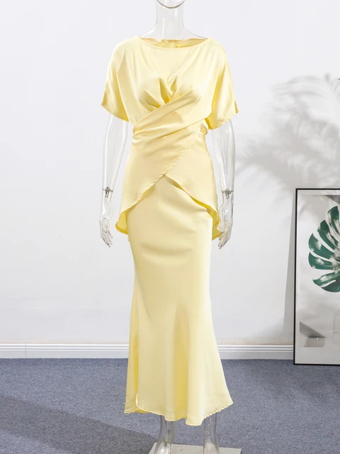 Fashion Yellow Satin Tops Skirt 2 Piece Set Women Lace Up Top High Waist Mermaid Skirt 2025 Summer Sexy New in Matching Suits 4