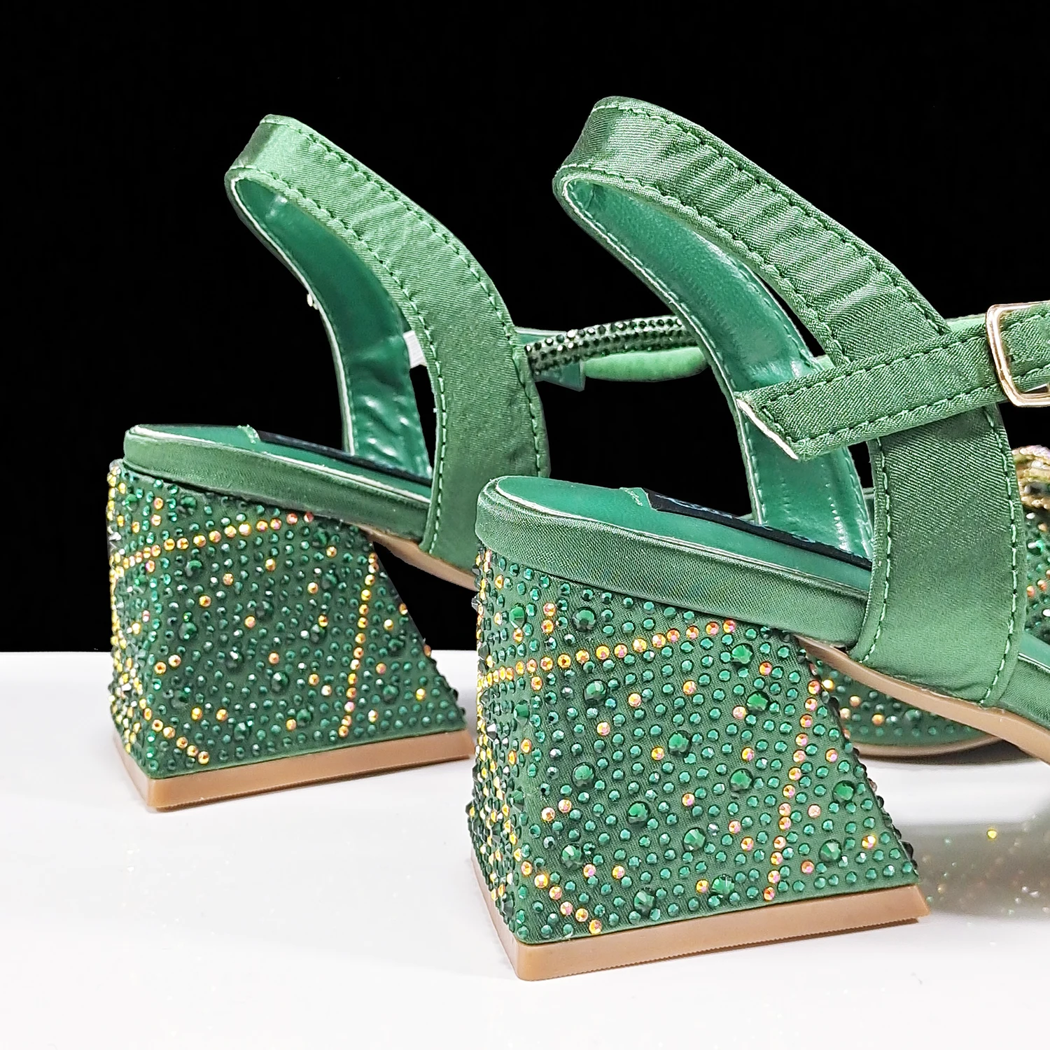 QSGFC Green Color Pointed-Toe High Women Heels Shoes and Bags for Women Rhinestone Evening Party Elegant Luxury Handbag