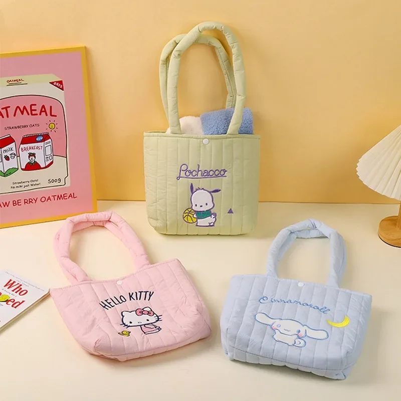 

Sanrio Kawaii HelloKitty Shoulder Bag Cute Anime Figure Kuromi MyMelody Cinnamoroll Girl Down-filled Cotton Handbag Friends Gift