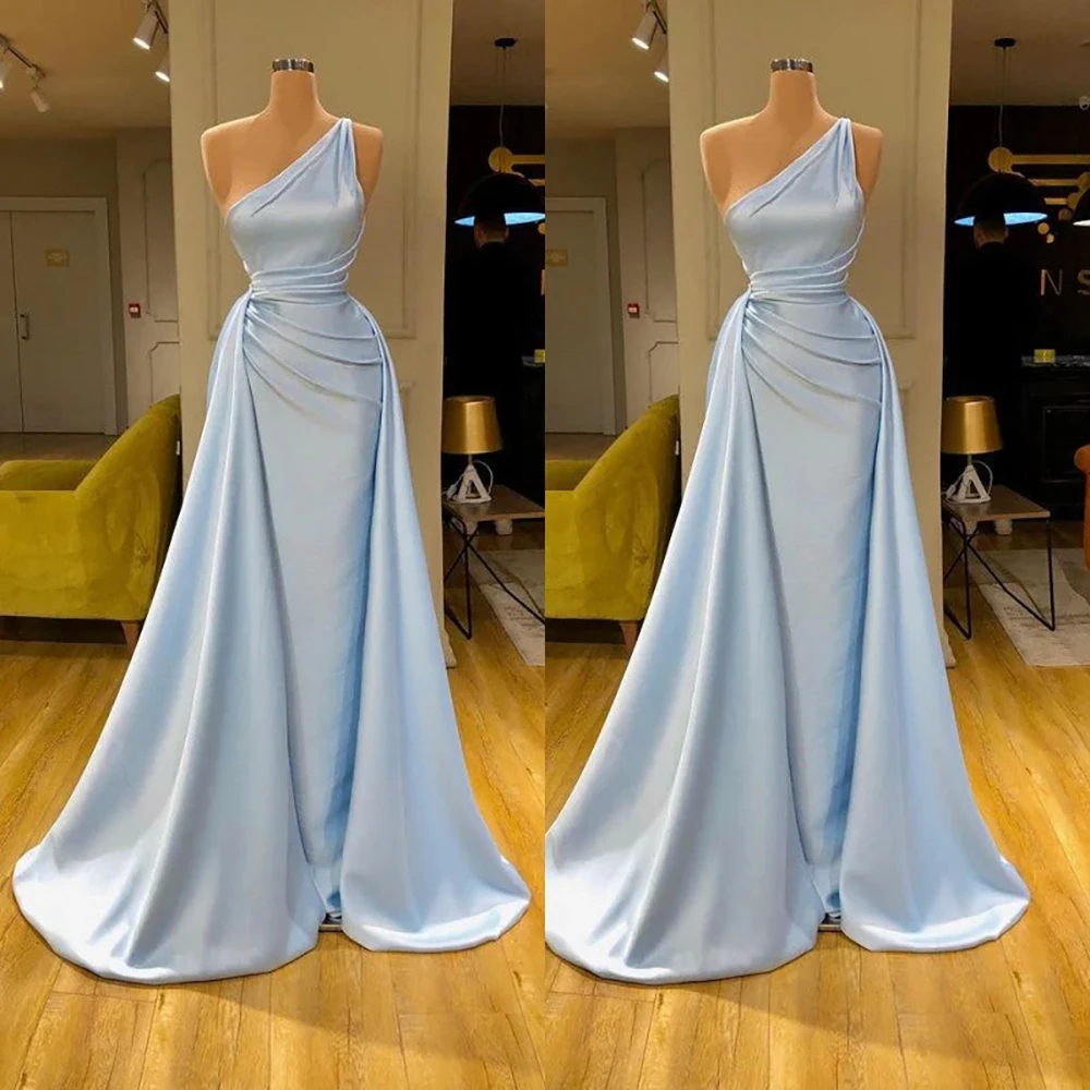 

Женское атласное вечернее платье со шлейфом, Элегантное длинное голубое платье без рукавов с одним открытым плечом и складками для торжественных случаев, 2024
