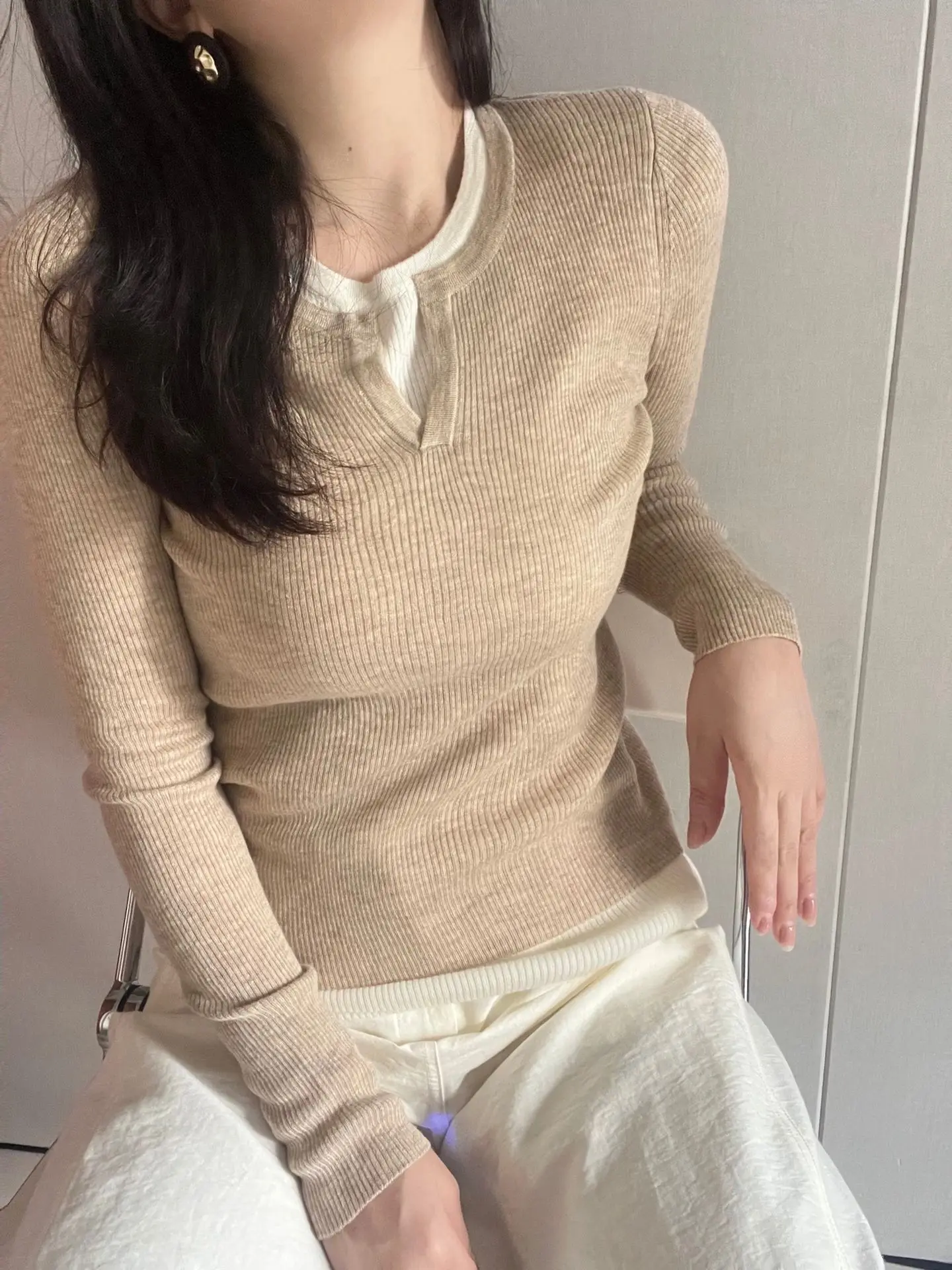 

Women's Fake Two Piece Sweaters 20223 Autumn/Winter Round Neck Slim Fit Commuter Elastic Wool Knit