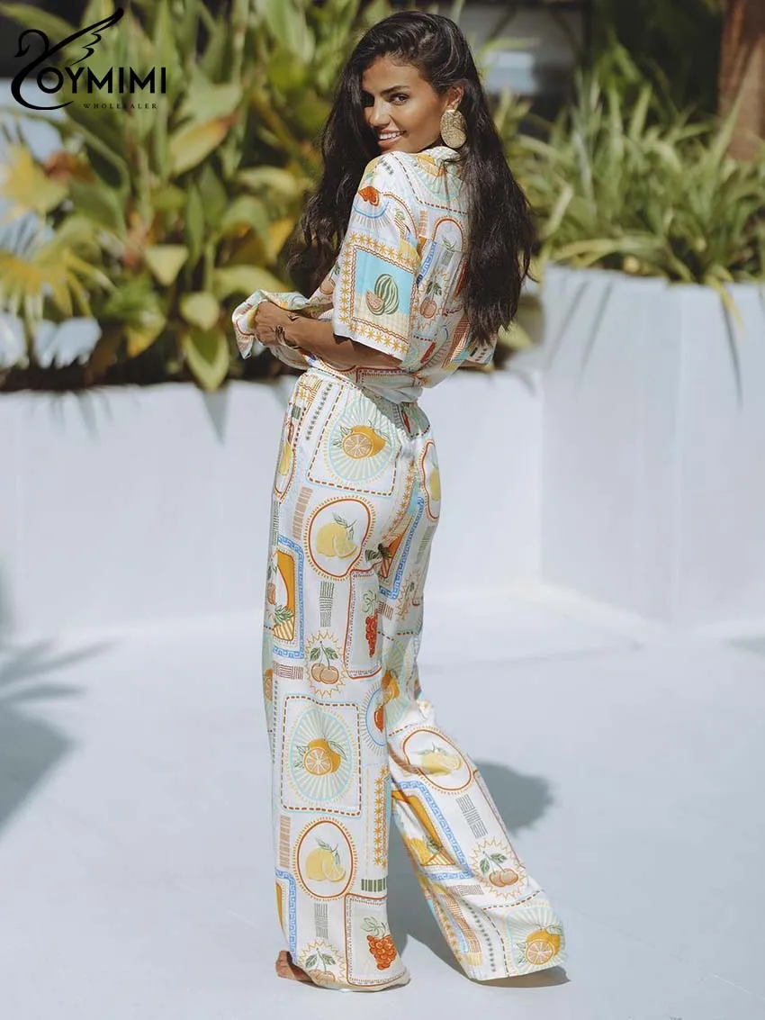 Oymimi Fashion Orange Print Women 2 Piece Set Outfit Casual Lapel Long Short Sleeve Button Shirts And Drawstring Trousers Sets