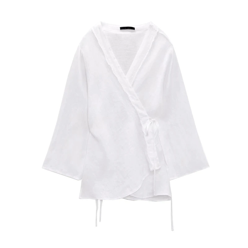 

2023 Summer New Women's V-neck Long-sleeved White Linen Shirt Tie-up Slit Casual All-match Loose Blouse