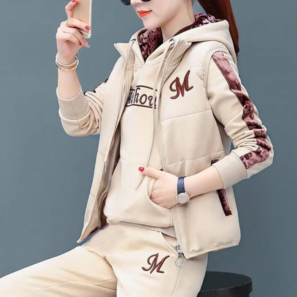 

3Pcs/Set Long Sleeve Fleece Lining Outfit Women Autumn Winter Letter Print Hooded Sweatshirt Zipper Waistcoat Jogger Pants Set