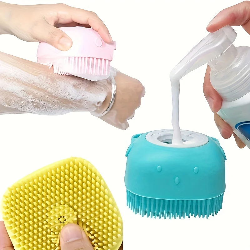 

3 Colors Silicone Bath Brush Shower Scrubber with Shower Gel Dispenser Bath Massage Brush Safety Soft Hair Brush for Shower