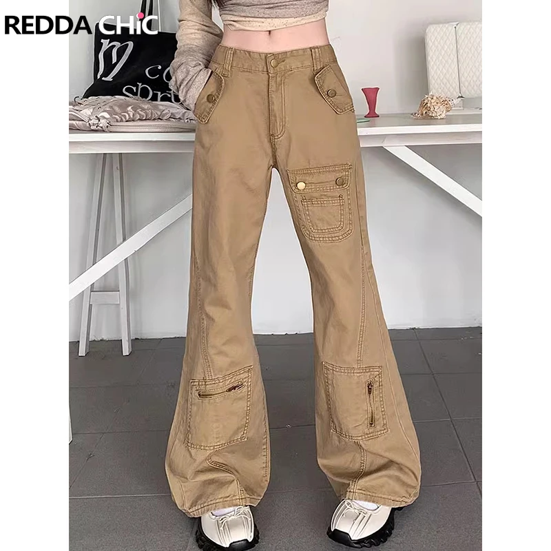 

REDDACHiC 90s Retro Cargo Flared Jeans Women Khaki Big Size High Waist Loose Casual Wide Leg Pants Hiphop Trousers Y2k Workwear