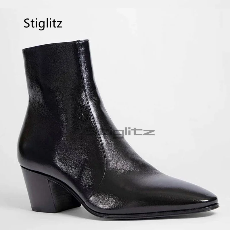 İngiliz Siyah Deri Chelsea Botları Erkekler İçin Yüksek Topuklu Sivri Burun Fermuarlı Kısa Botlar El Yapımı Trendy Sığır Derisi Klasik Ayakkabılar