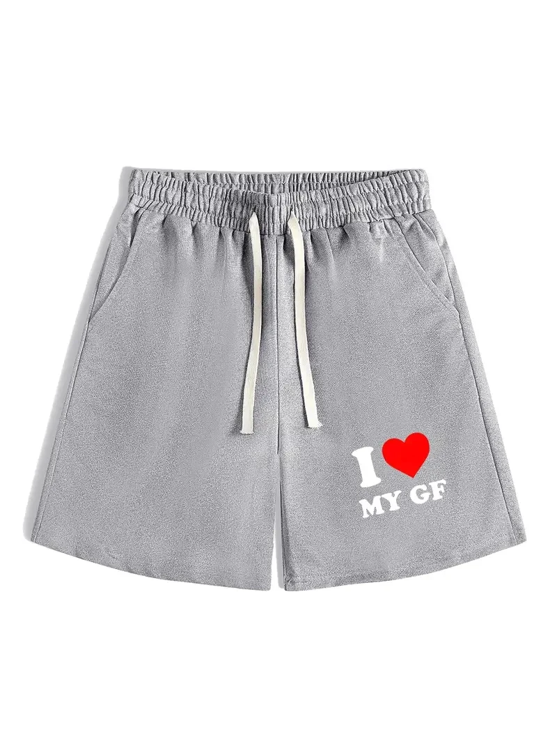 I LOVE MY GF Print Men's Summer Fashionable Drawstring Casual Sports Loose Shorts, Suitable for Sports, Comfortable  Versatile 3