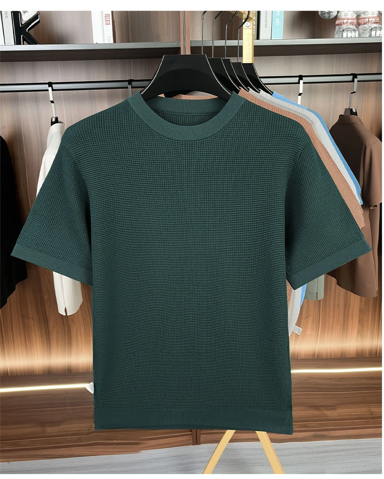 Hochwertiges Gestricktes Kurzarm-T-Shirt für Herren Sommer Trendiges Klassisches Einfarbiges Koreanisches Lässiges Bequemes Atmungsaktives Rundhals-Oberteil – Detail 18
