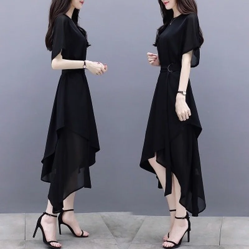 

Женская одежда 2023, Черное длинное платье с коротким рукавом, асимметричное изящное приталенное платье-миди в китайском ретро-стиле с поясом, оптовая продажа, Новинка