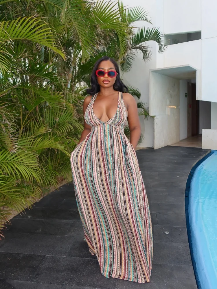 Wmstar Dresses for Women Wholesale Sweet Waist Exposed Dress with Striped Printed Straps for Vacation Bandage Back Long Dress