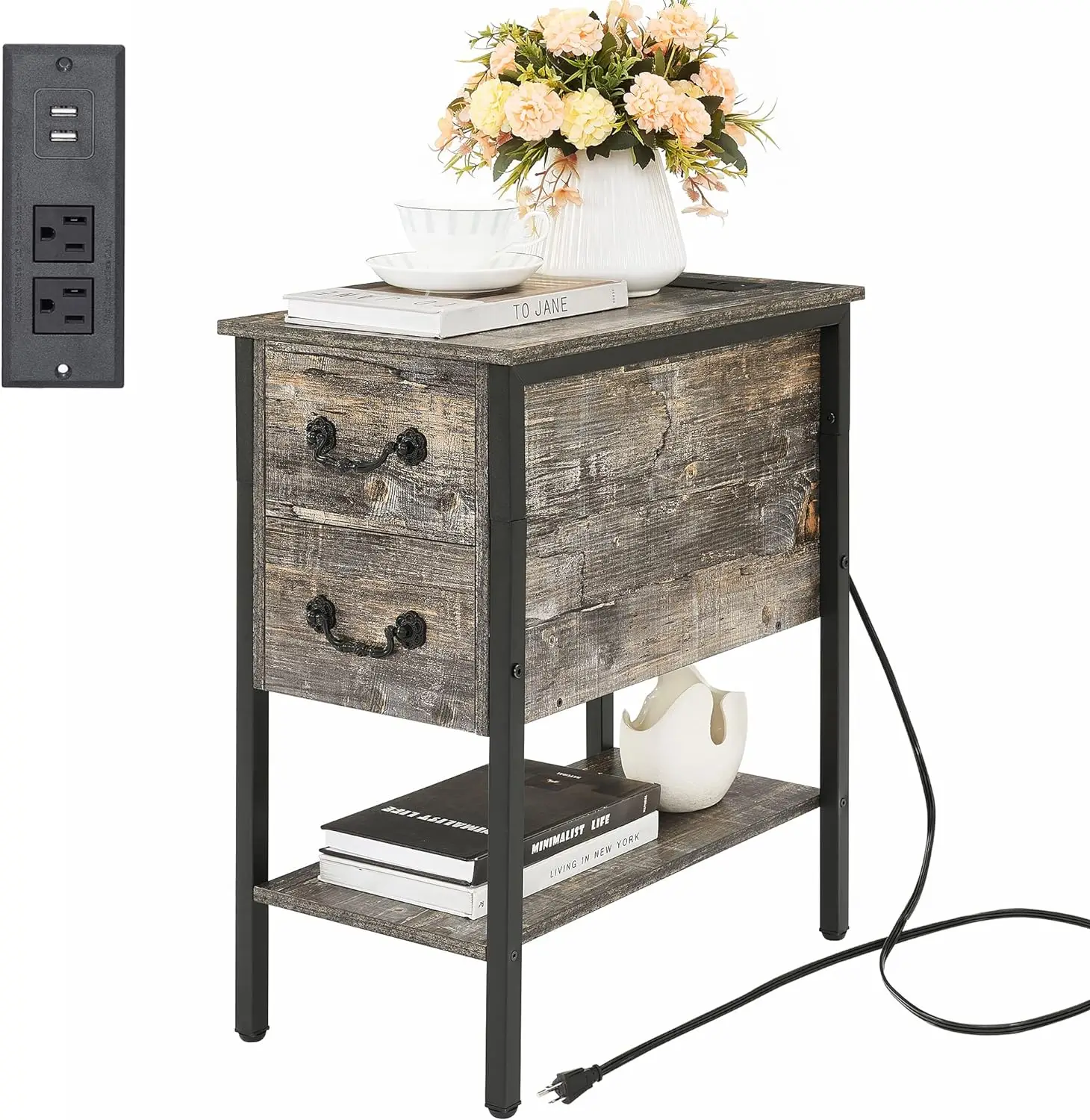 

End Tables, Narrow Nightstands with Charging Station & USB Ports &Drawers,Night Stand for Living Room, Bedroom, 1 Pack