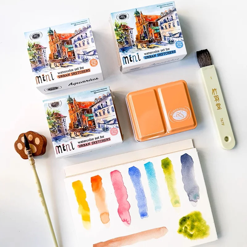 ROMAN SZMAL Artist Mini acuarela Set RS 8 colors half pans tin box portable beginning solid watercolor Art Supplies
