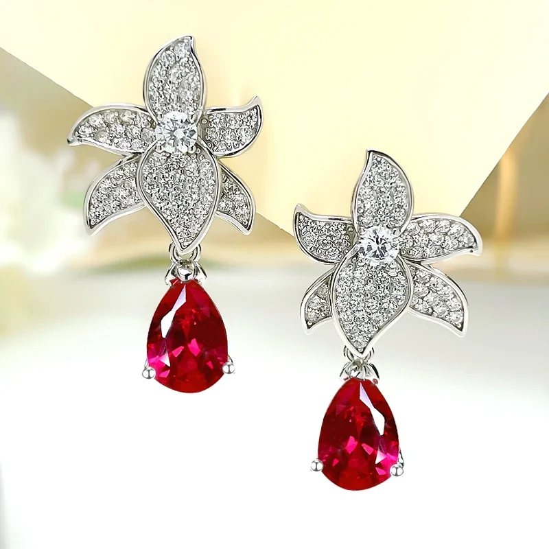 

Flower Water Drop Colorful Treasure Pure Silver Artificial Red Treasure Earrings Inlaid with High Carbon Diamonds