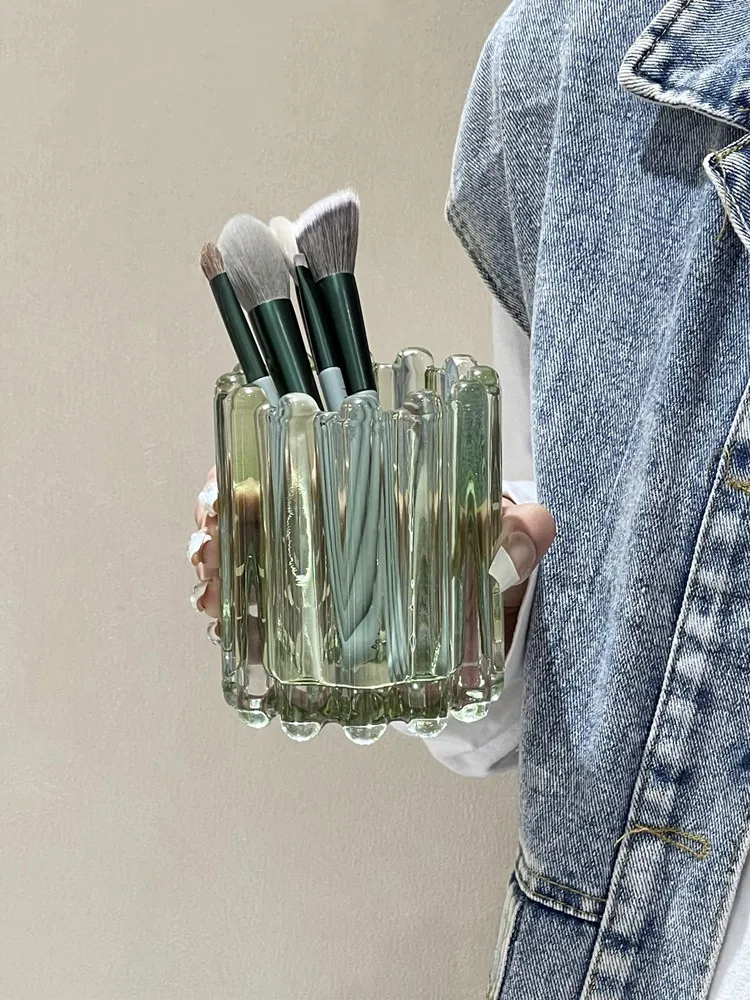Description Picture 4 of itemWave Edge Stripe Makeup Brush Bucket Eyebrow Pencil Holder Simple Glass Ornament Desktop Storage Container