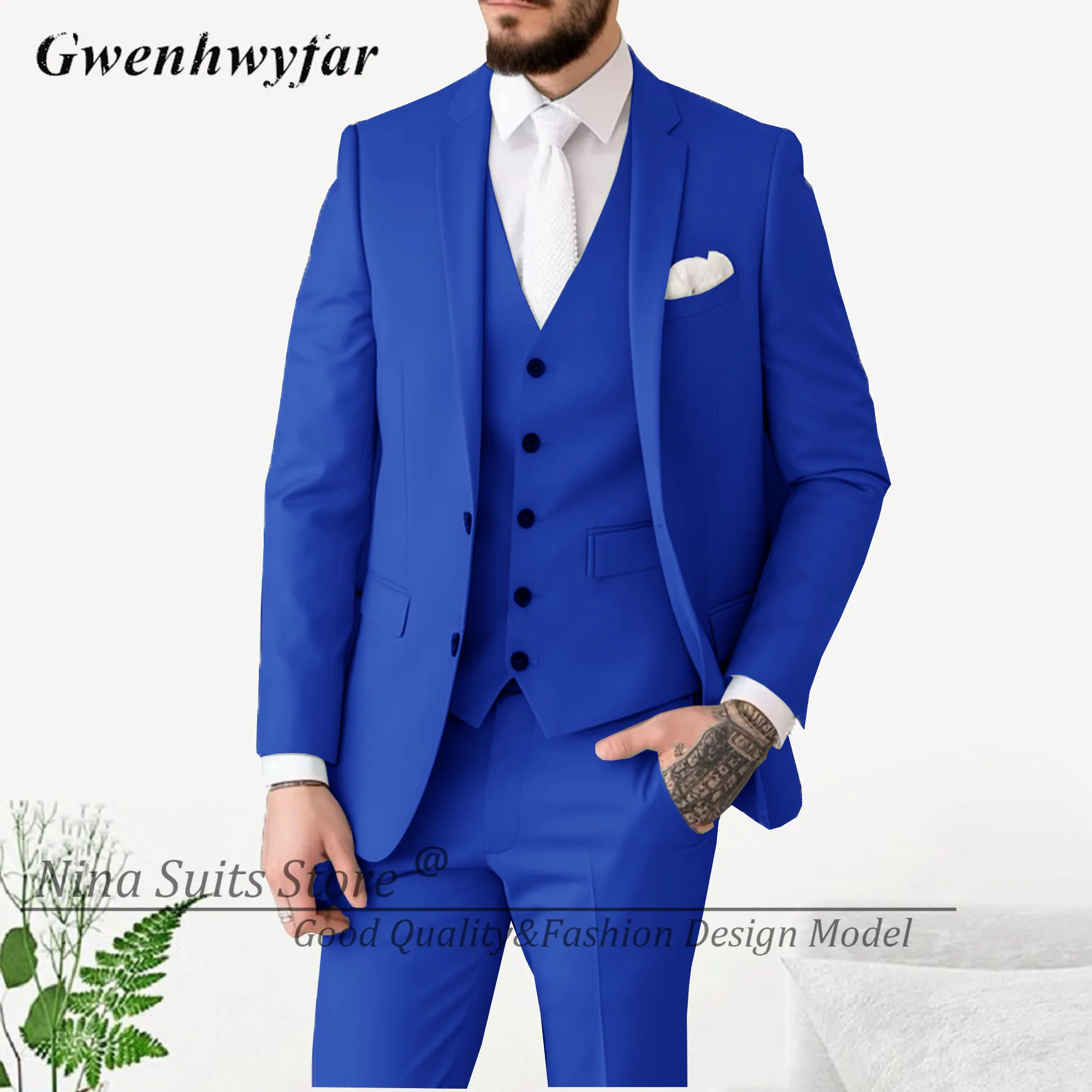 Men Two Button Suits Blazer Casual Style Business Notch Lapel Office Jacket Pant Vest Party Costume