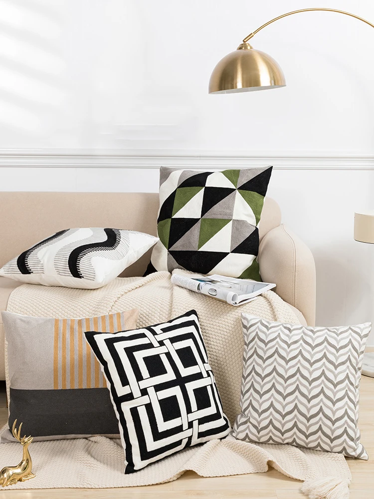 Home Decor Cover Schwarz Grau Kissen 45x45cm Geometrische Stickerei Kissenbezug Weich Gemütlich für Wohnzimmer Schlafzimmer – Detail 1