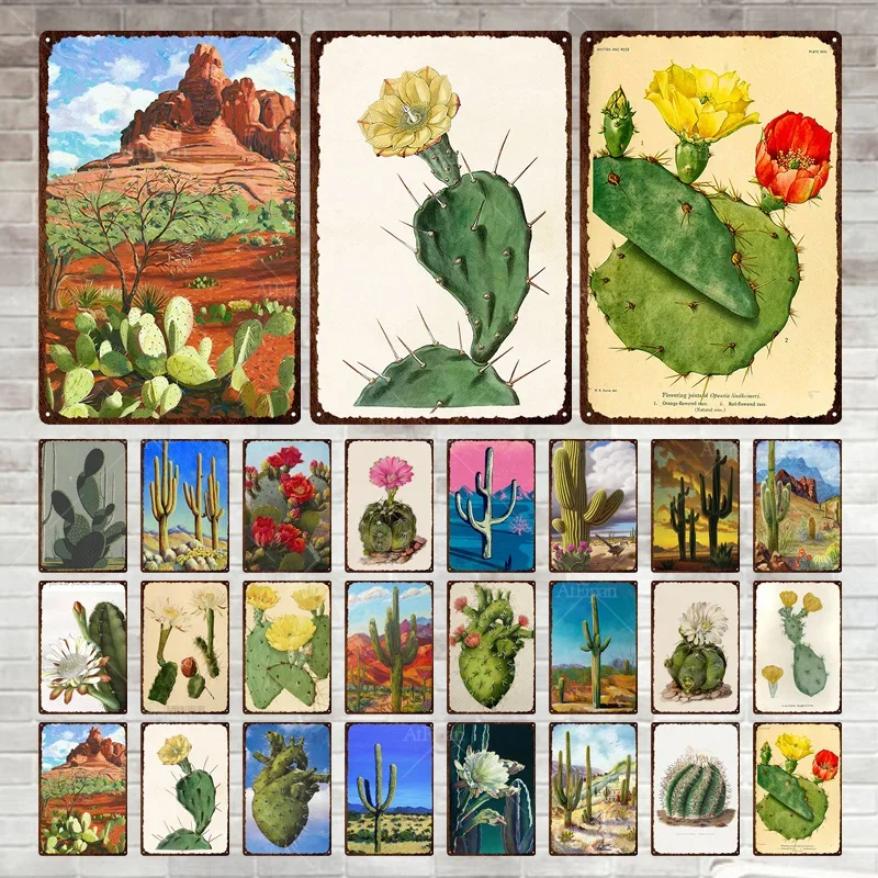 

Vintage Flowers Metal Plaque Green Plants Tin Sign Shabby Chic Cactus Wall Decoration For Garden Kitchen Home Decor Living Room