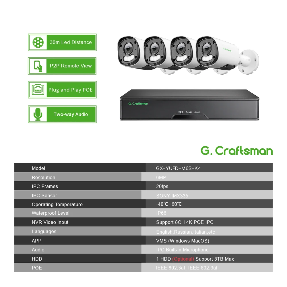 Surveillance Security G.Craftsman XMeye 6MP POE CCTV Security Kit SONY Sensor Onvif Video Surveillance System for Home & Business
