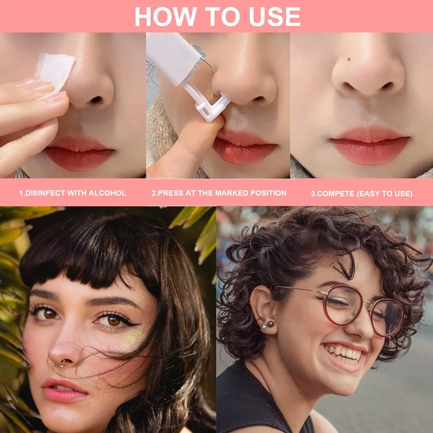 Self Hypoallergenic Nose Piercing Kit 4PCS Disposable Nose Piercing Gun with Built-in Studs