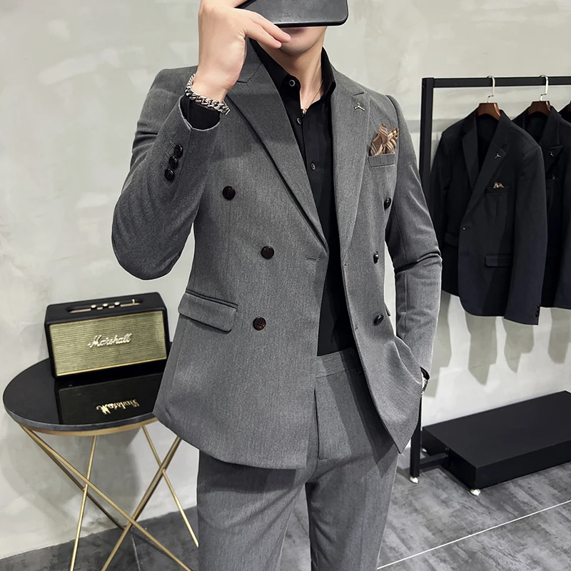 Men Double-Breasted Slim Fit Business Suit Solid Color Two-Piece Set S-7XL Korean Fashion