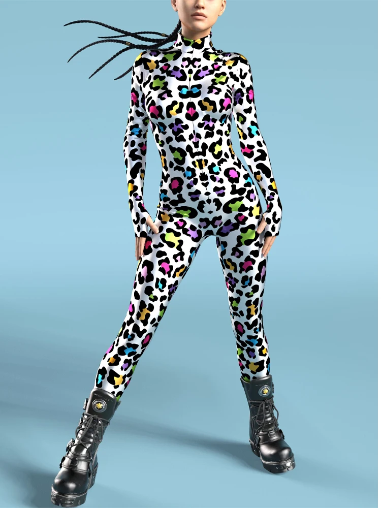 Women Sexy Rainbow Spot Print Jumpsuit Halloween Colorful Spotted Dog Cosplay Bodysuit Festival Theme Party Catsuit Rave Outfits