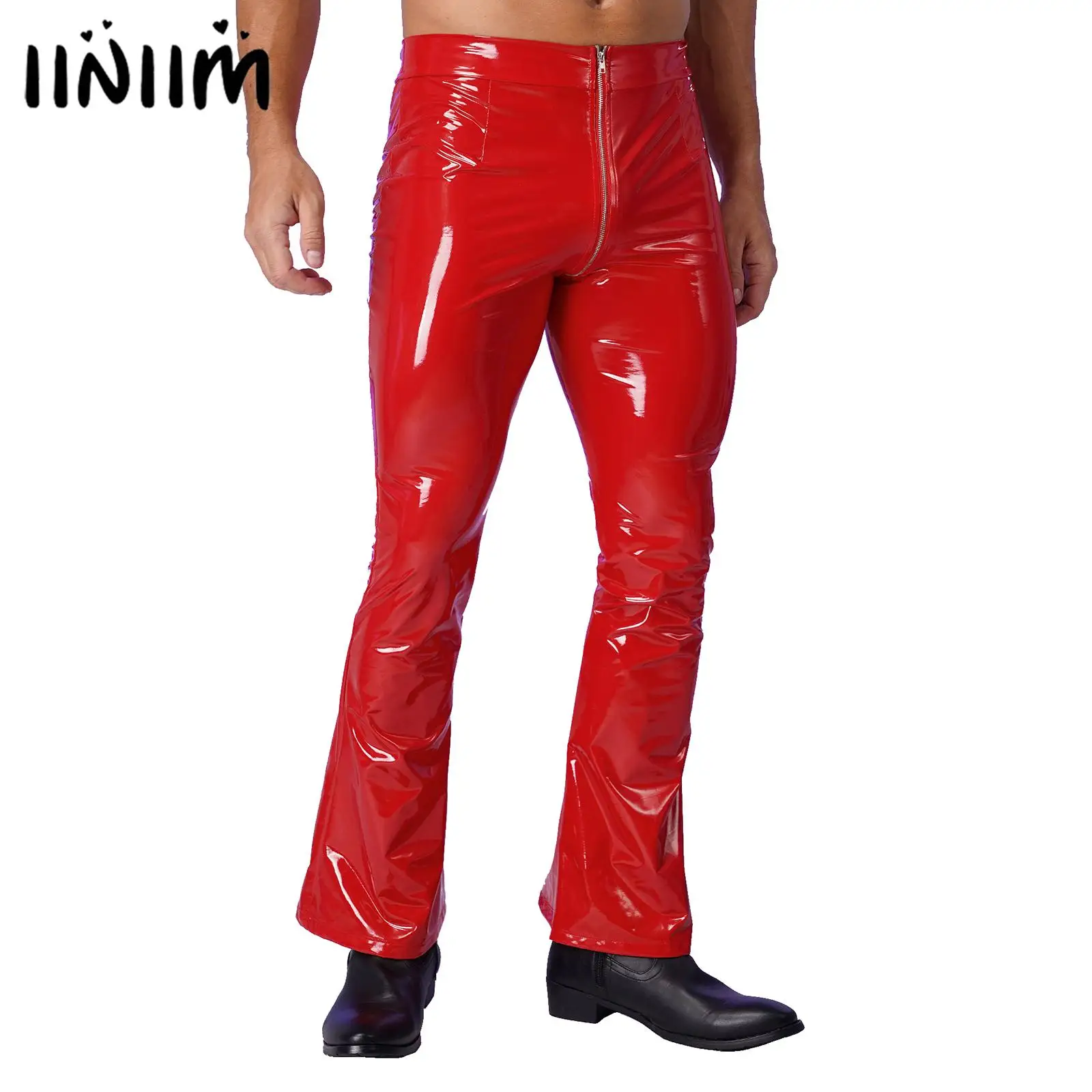 

Mens Solid Patent Leather Flare Pants Zipper Crotch Bell Bottom Long Pants Shiny WetLook Punk Male Low Waist Disco Dance Costume