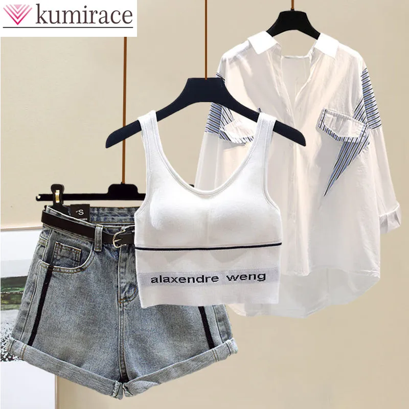 Stripe Patchwork Chiffon Shirt Letter-printed Vest Denim Shorts Three-piece Elegant Women's Pants Set Summer Tracksuit Outfits