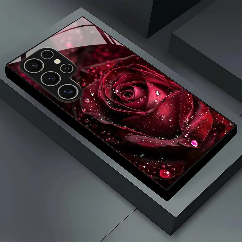 Elegant Red Rose Frosted Glass Phone Case - Non-Slip Full Cover Design