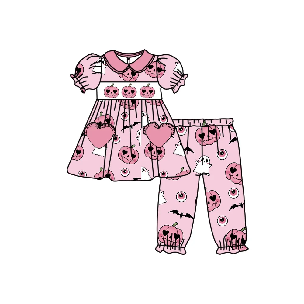 New Halloween smocking children boutique clothes Pumpkin Ghost Outfits smocked baby girl dress set
