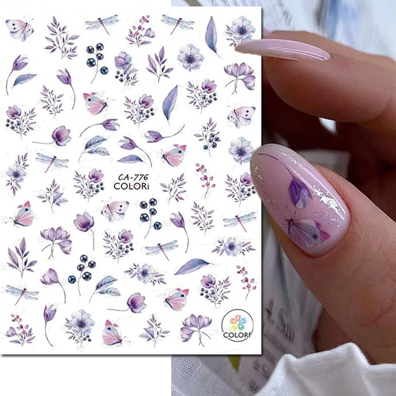 3d Nail Art Decals Watercolor Purple Buds Flowers Fruits Butterflys Adhesive Sliders Nail Stickers Decoration For Manicure 5d acrylic laser angel wings embossed flower nail stickers lace self adhesive sliders nail art decals 2022 new manicure tools