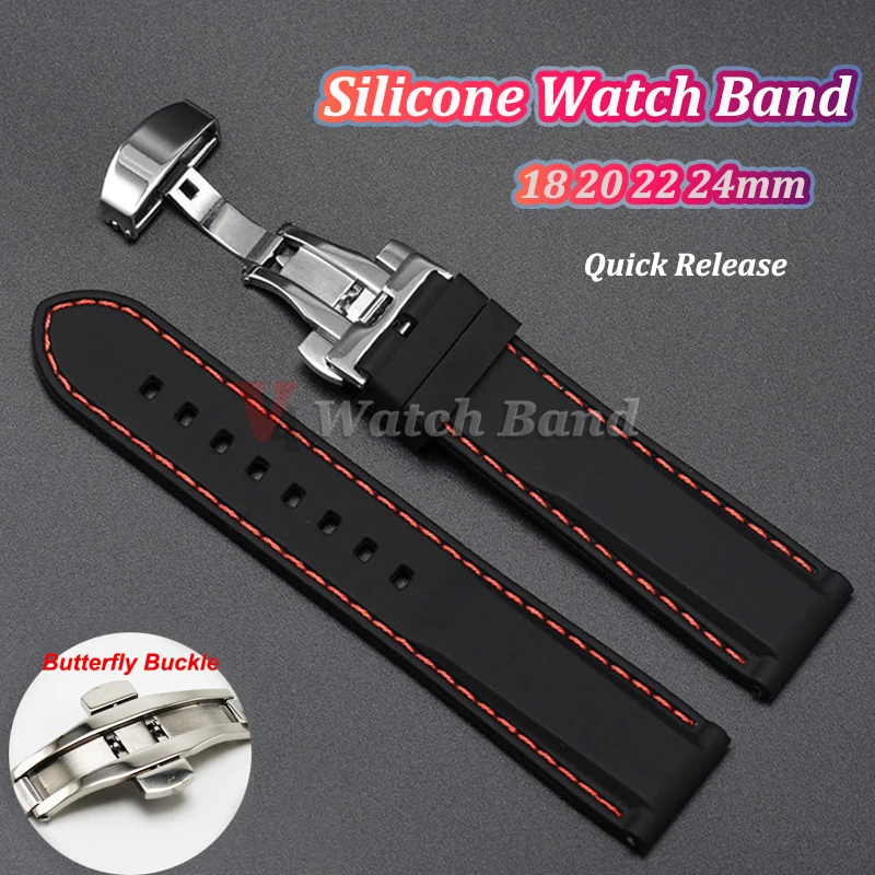 Universal Quick Release Silicone Strap with Butterfly Buckle - Sporty, Waterproof Watch Band for Men & Women, Available in Multiple Sizes