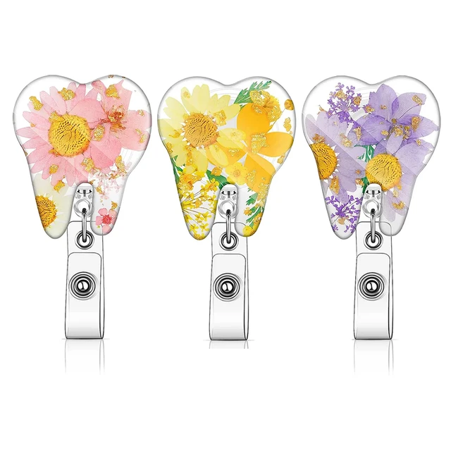 New Arrival 1 Piece Acrylic Retractable Nurse Badge Reel Cute Floral Tooth Dentist Name Tag ID Card