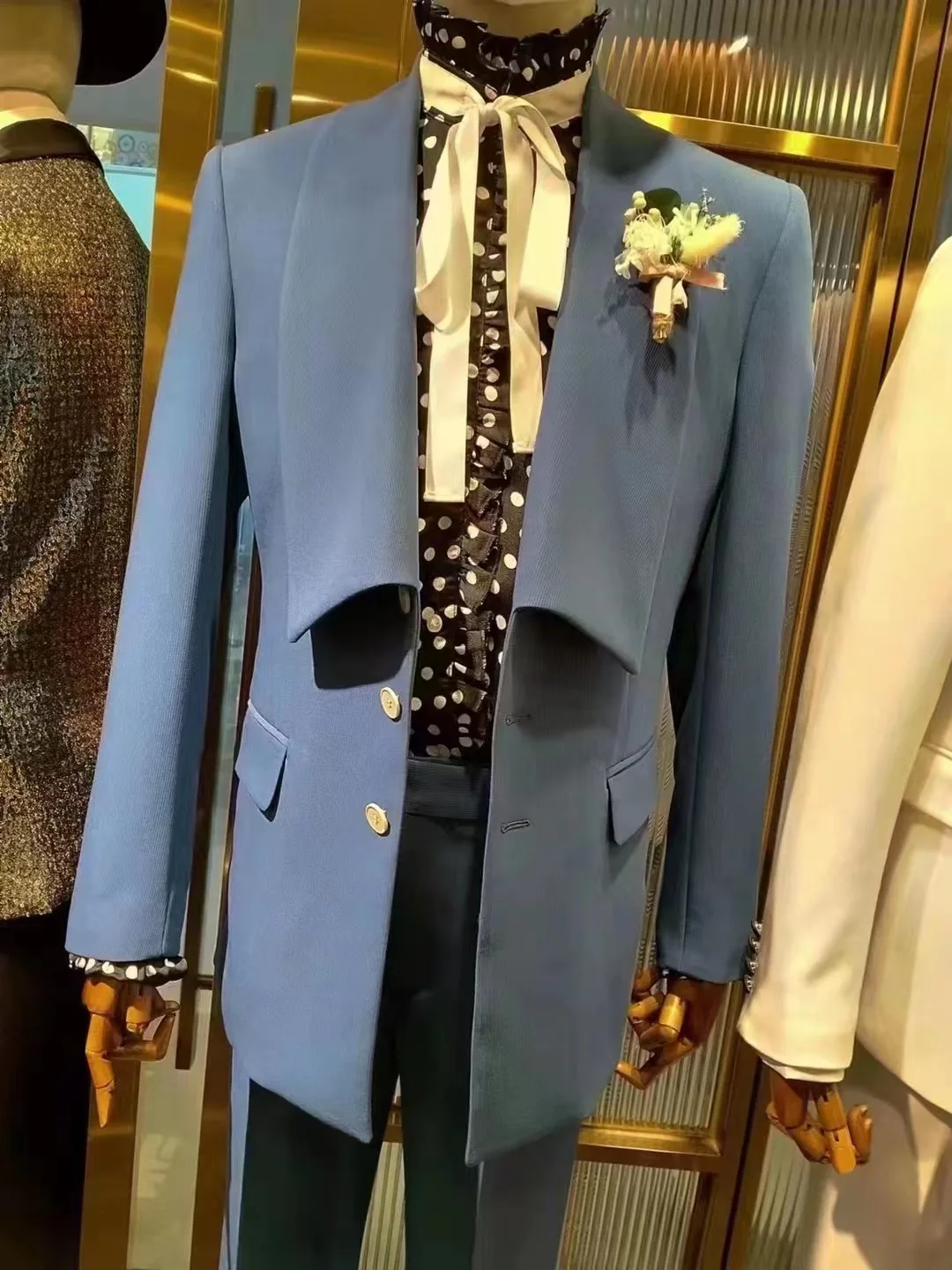 luxury fashion golden pattern wedding suits for men lapel double breasted groom slim fit party formal Blazer man only jackets