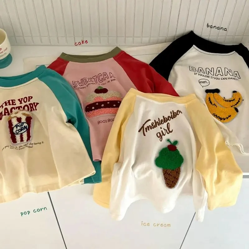 

2024 Spring Boys Girls Raglan Sleeve T-Shirt Baby Kids Cute Cartoon Print Cotton Bottoming Shirt Children Fashion Tops Tee