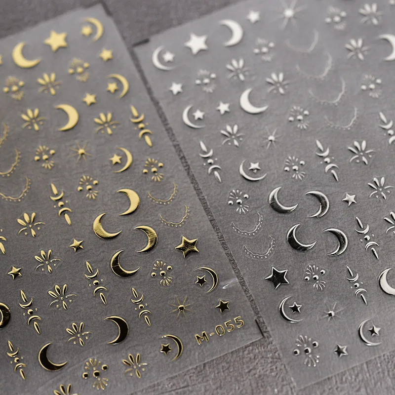 1pcs 5D Bronzing Star Moon Nail Art Stickers Luxury Gold Silver Adhesive Slider Press on Nail Decoration Decals Accessories DIY