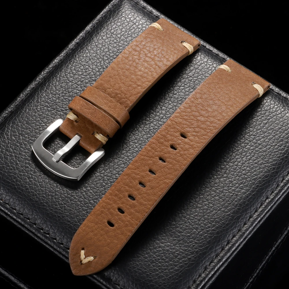 Vintage Genuine Cowhide Leather Watch Band with Metal Buckle