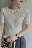 Femme vêtements haut femmes Miyake plissé à manches courtes femme été mince élastique col rond Joker mince plissé creux T-shirt 4