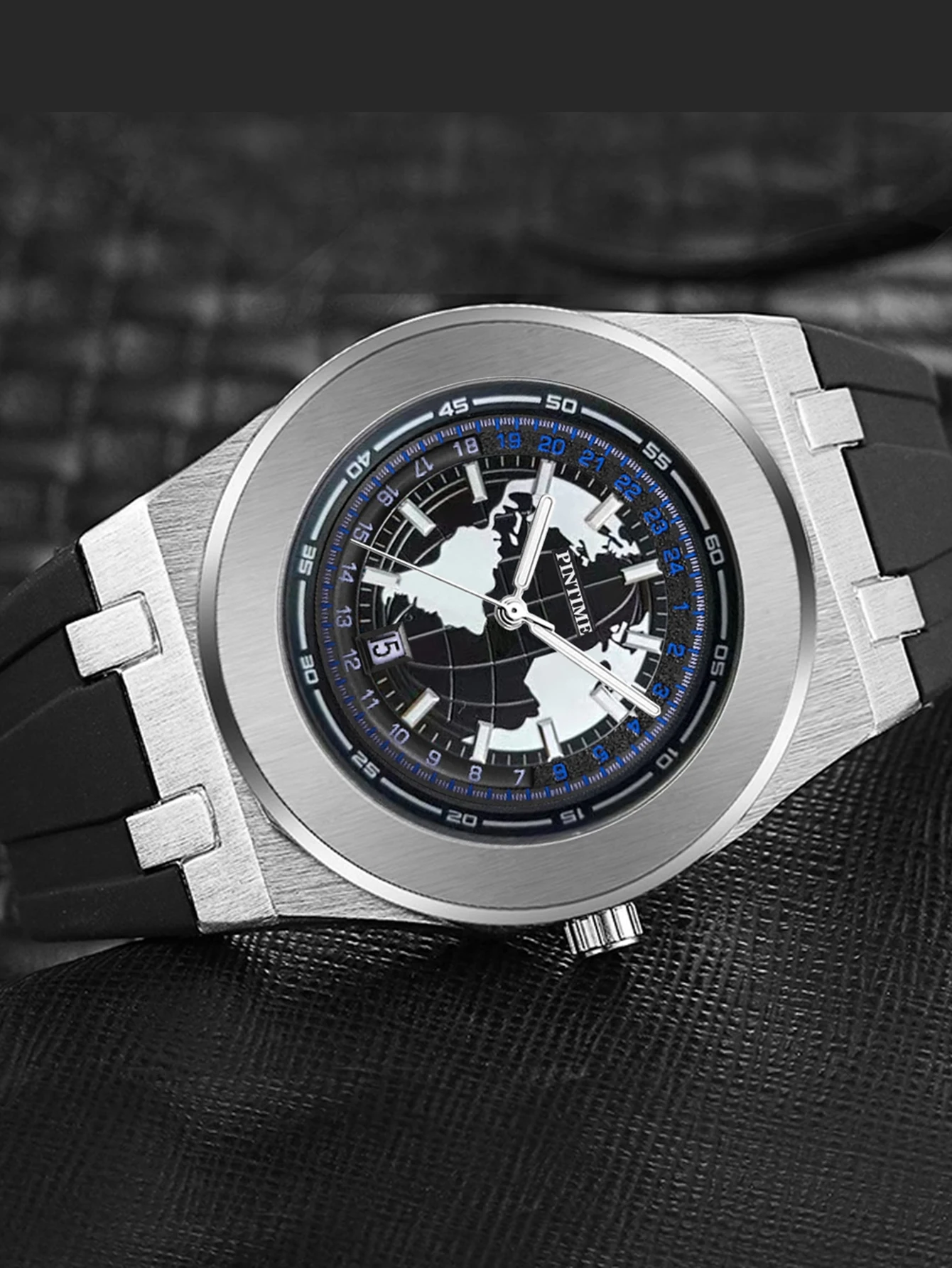 Men's quartz watch, earth-themed large dial, water-resistant and luminous for both day and night use, silicone strap, stylish an - 4