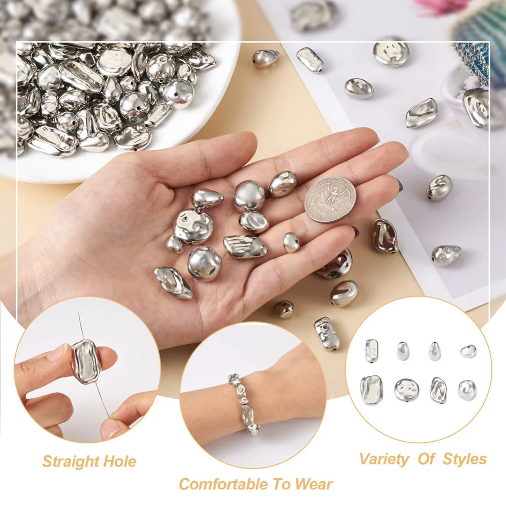 160Pcs CCB Plastic Beads Irregular Loose Beads Silver Color Plastic Spacer Beads for Grunge Jewelry Making DIY Bracelet Necklace