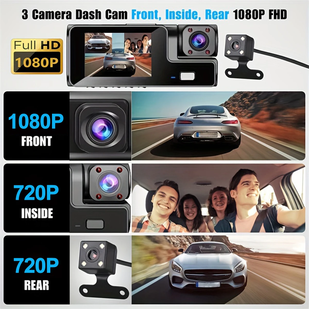 Dashcam per Auto a 3 Canali, Telecamera DVR 1080P con Visione Notturna, Registratore Video 24h per Parcheggio, Telecamera Anteriore, Interna e Posteriore - immagine 4