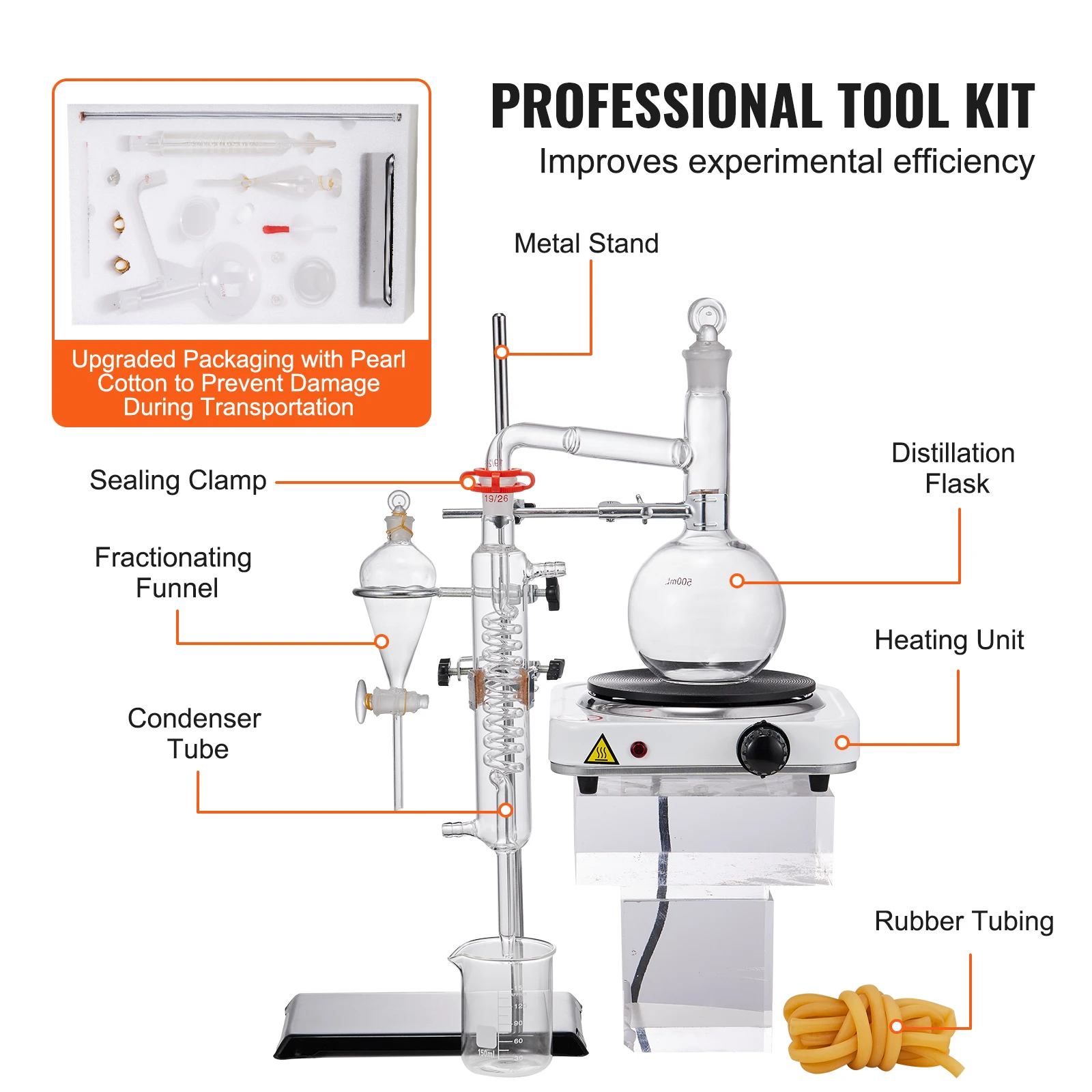 SucceBuy Essential Oil Distillation Kit 500ml/2L Distillation Apparatus 3.3 Boro Lab Glassware with 1KW Heat Plate