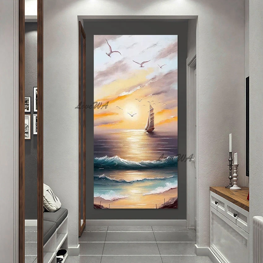 

Sea Sunset Sailing Boats Abstract Painting Large Size Decoration Wall Picture 100% Handmade High Quality Home Decor Artwork