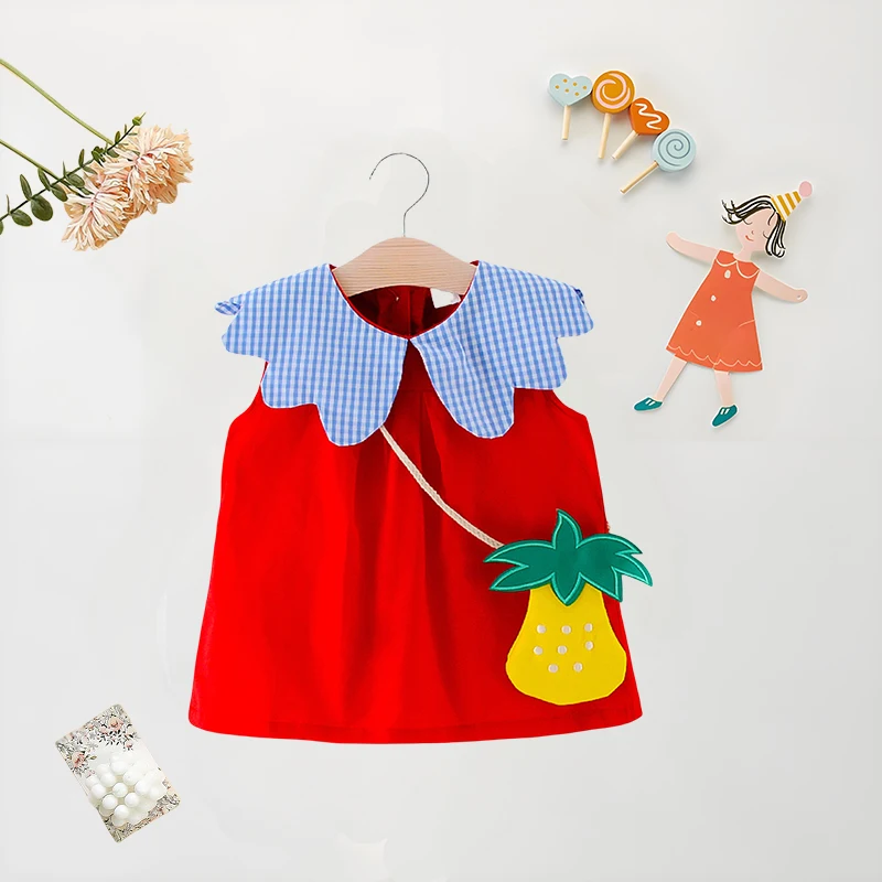 Summer Baby Girl Dress+Bag 2 Pcs Plaid Big Collar Solid Color Dress Cute Loose Cotton Comfortable Sleeveless Dress girls dress baby girl dress