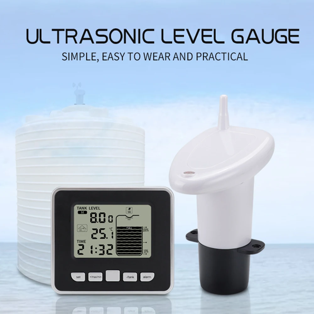 

Ultrasonic Wireless Water Tank Liquid Level Meter With Temperature Sensor Level Monitor Time Display Low Battery Indicator Alarm