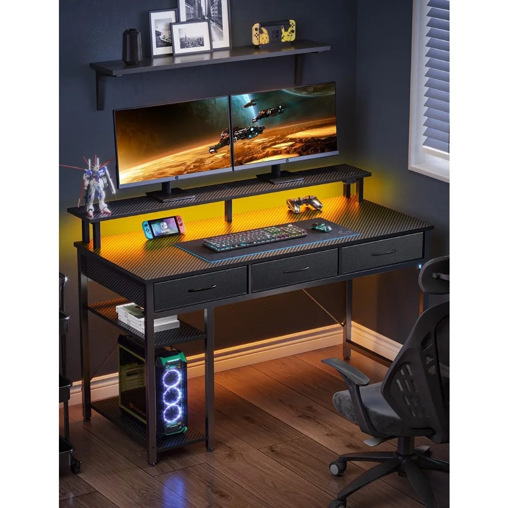 [47 Inch Home Office Desk With 3 Drawers and Storage Shelves Computer Desk With Power Outlets & LED Light Furnitures Room Desks]