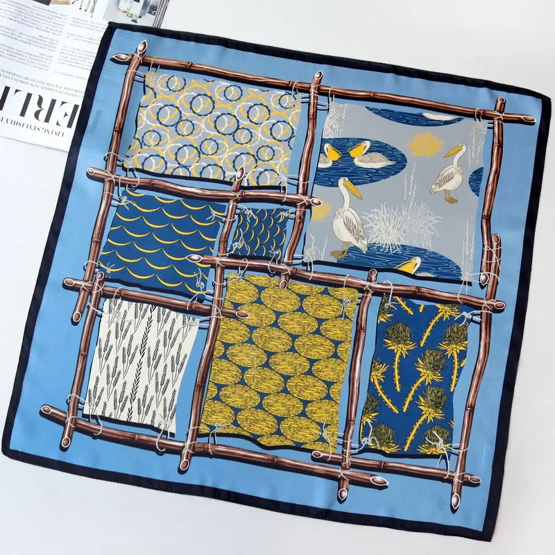 

Женский шарф из 100% натурального шелка, квадратный шарф с принтом pelican синего цвета, Маленький носовой платок, хиджабы, 53 см