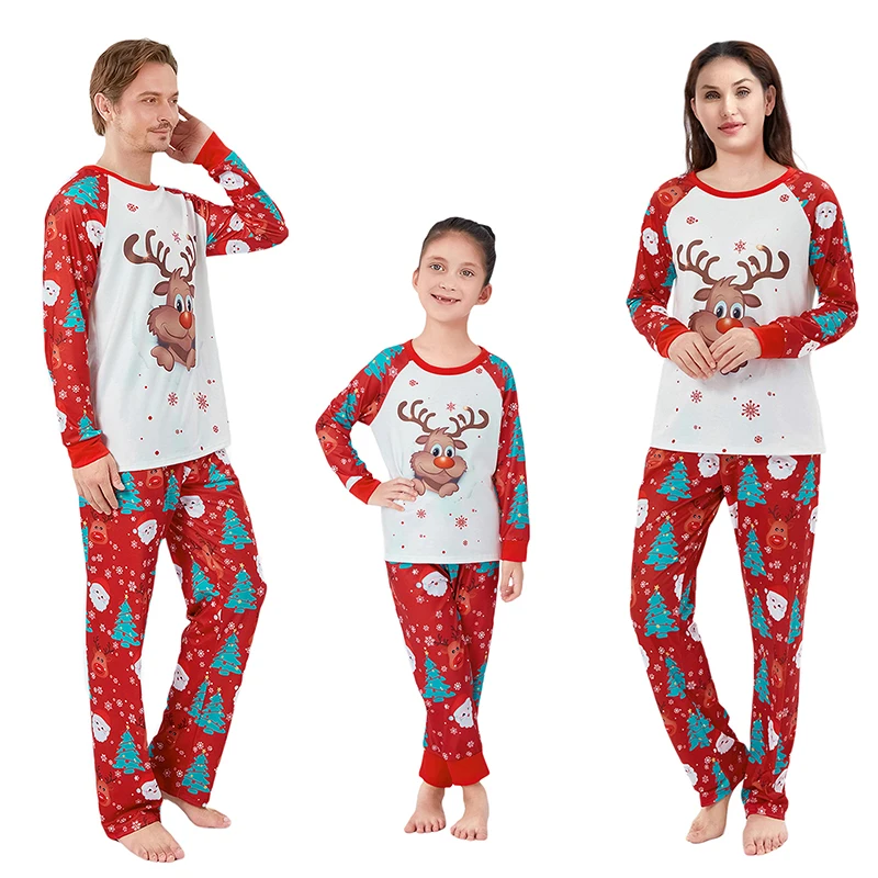 

Christmas Pajamas Family Matching Outfits Red Cute Deer Print Long Sleeve Raglan Tops+Long Pants Set Winter Sleepwear Loungewear